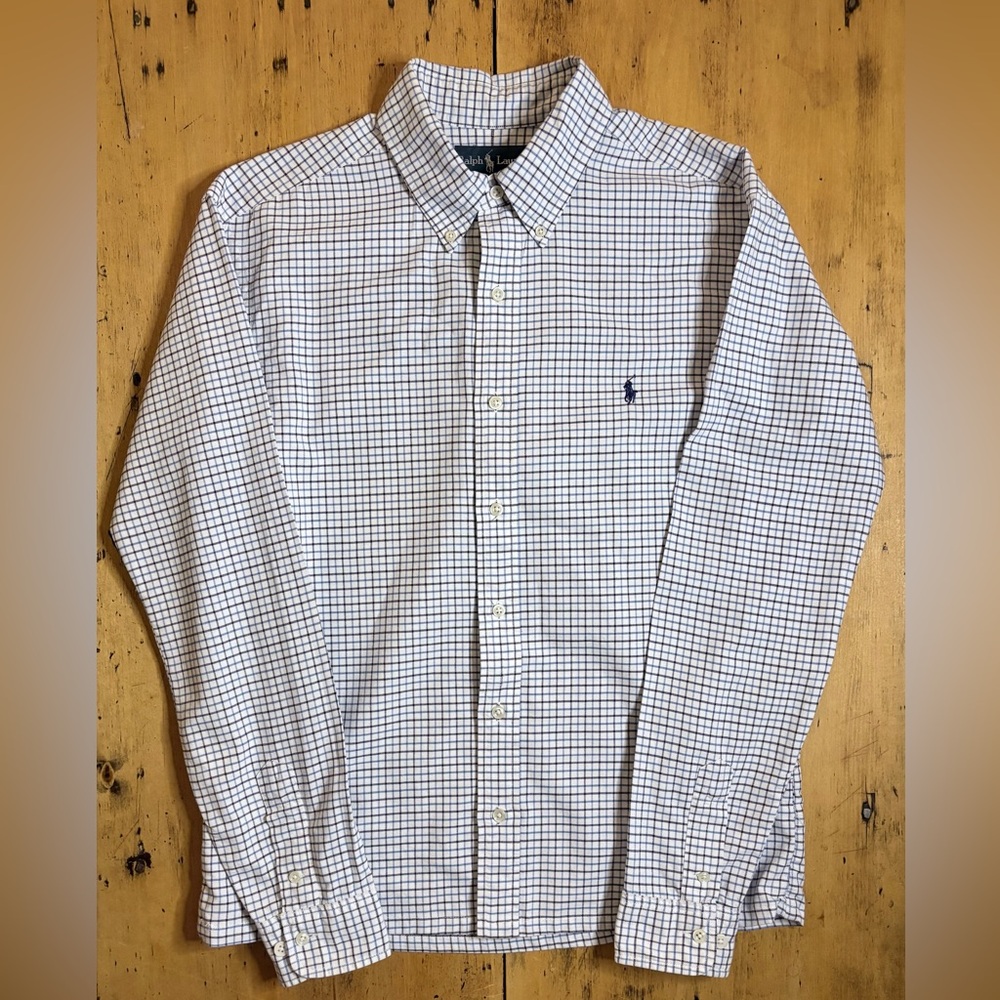 Ralph Lauren White and Blue Checkered Casual Button Down Shirt